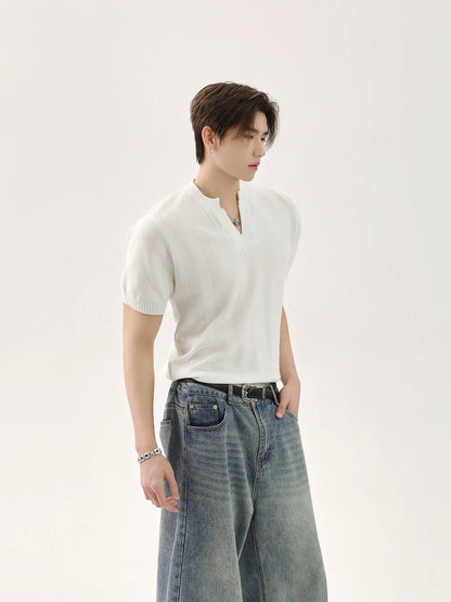 V-neck knit solid color t-shirt
