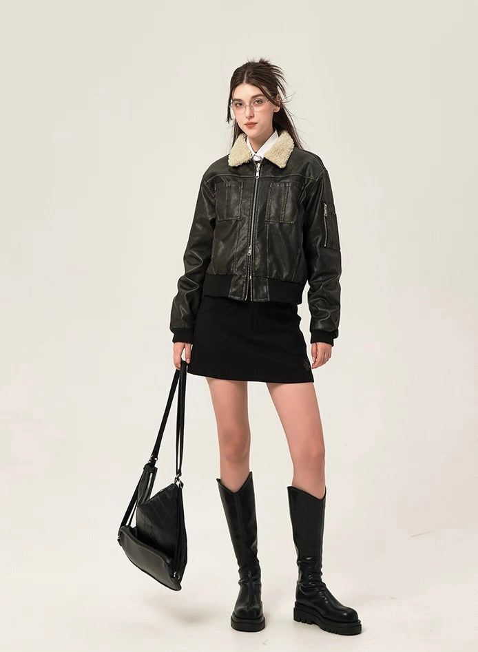 Aviator seoul dark mode shearling leather jacket