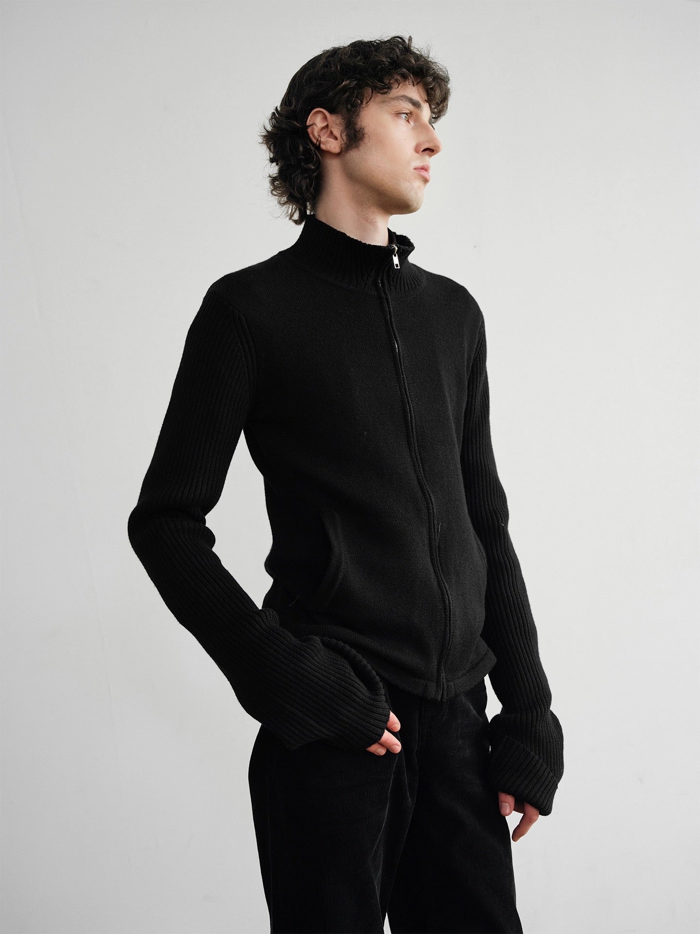 Merino wool high collar long sleeve zip sweater