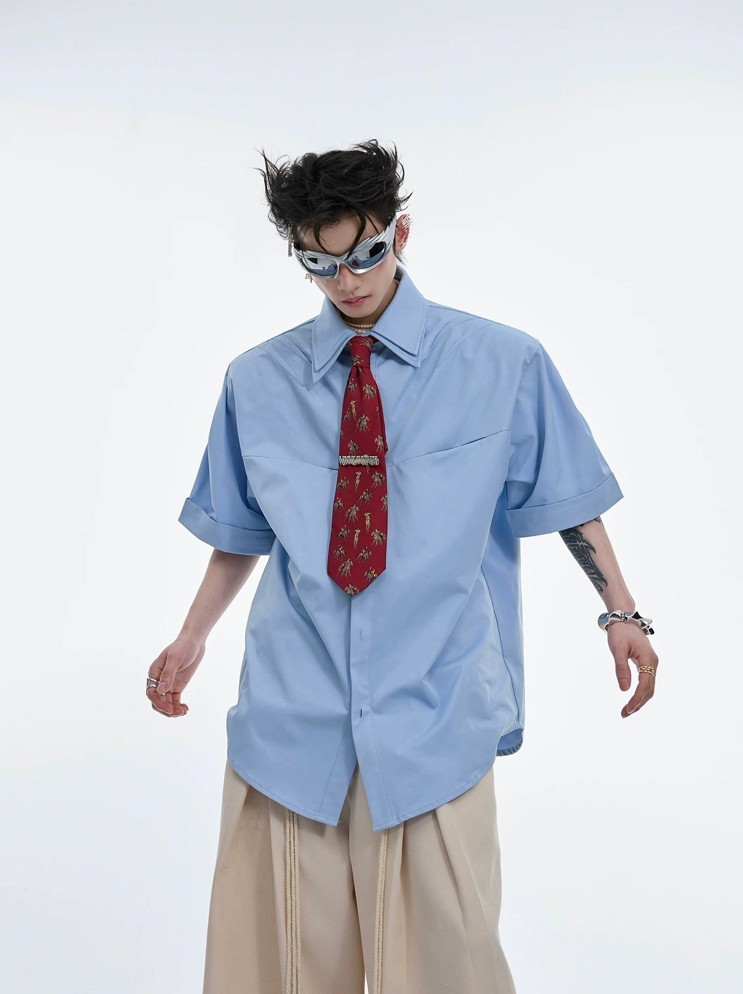 Double collar cushion shoulder shirt