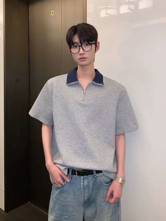 Modern korean street half-zip polo shirt