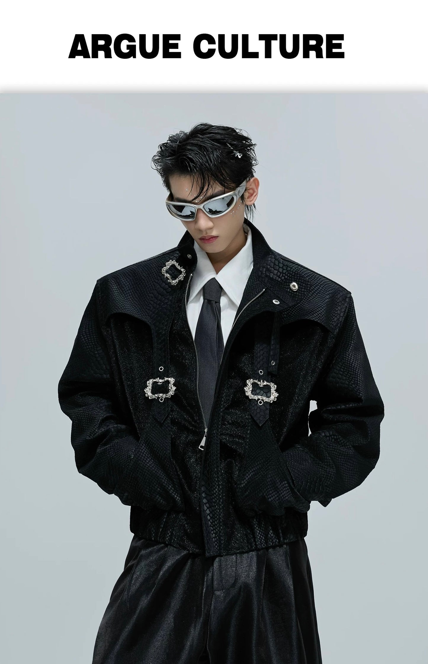 Decadent crystalline buckle rigid draping jacket