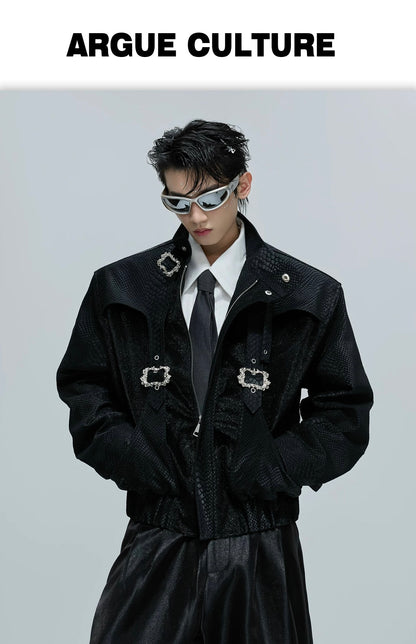 Decadent crystalline buckle rigid draping jacket