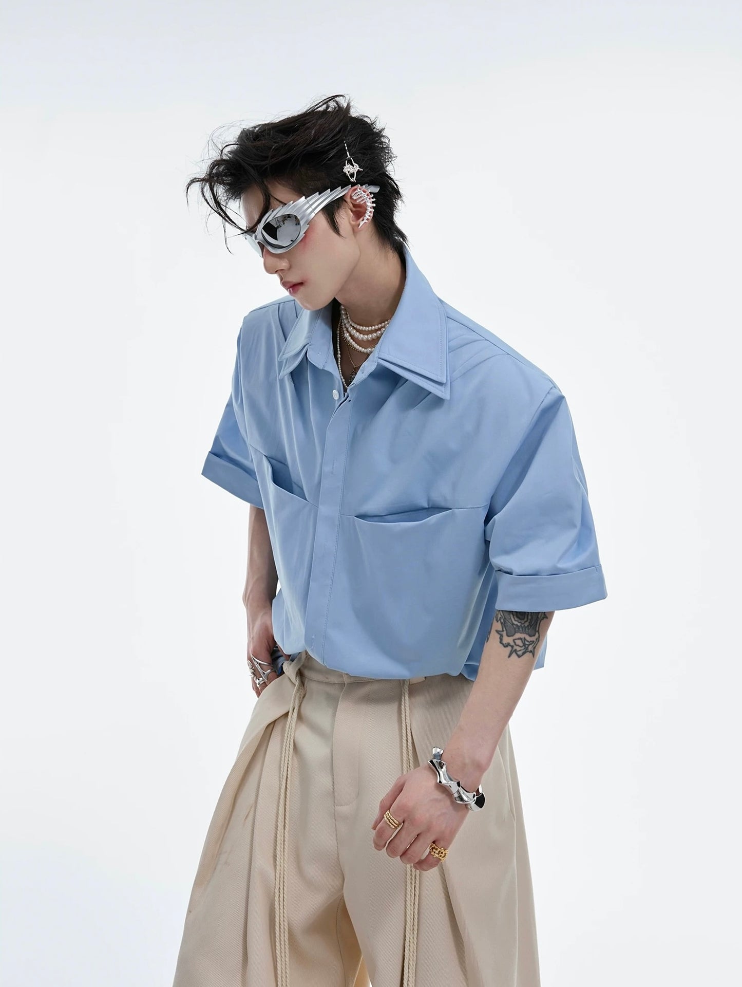 Double collar cushion shoulder shirt