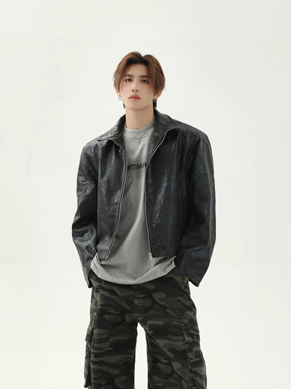 Crack short fake leather jacket