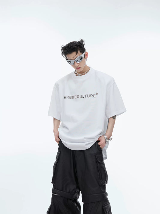 Silver plated stereoscopic metal logo t-shirt