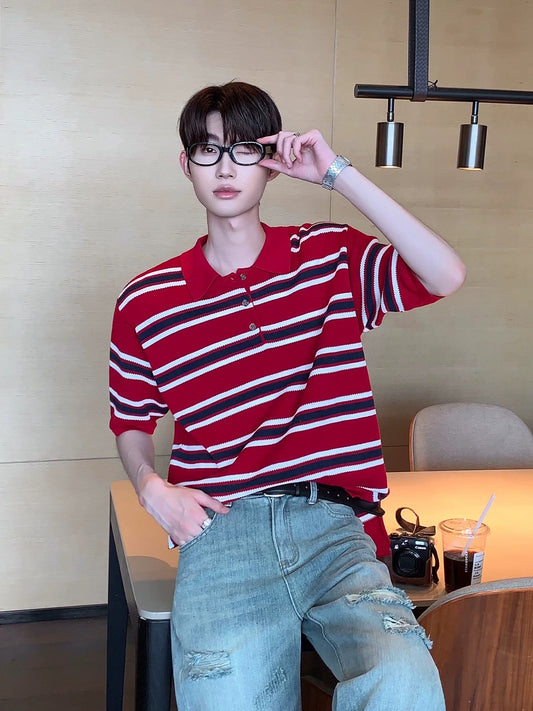 Iconic Korean street red striped polo shirt