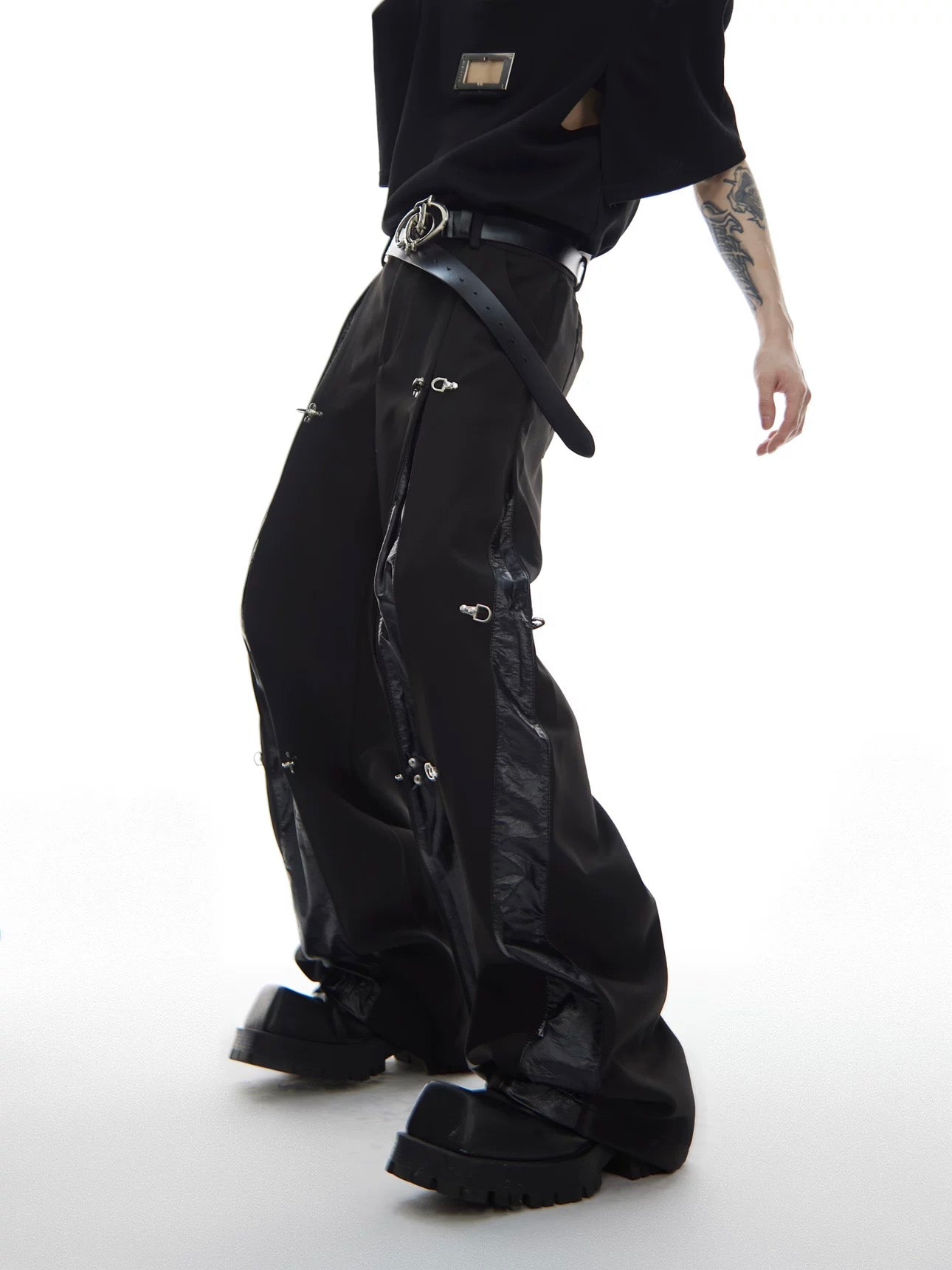Leather stitching metal button down pants