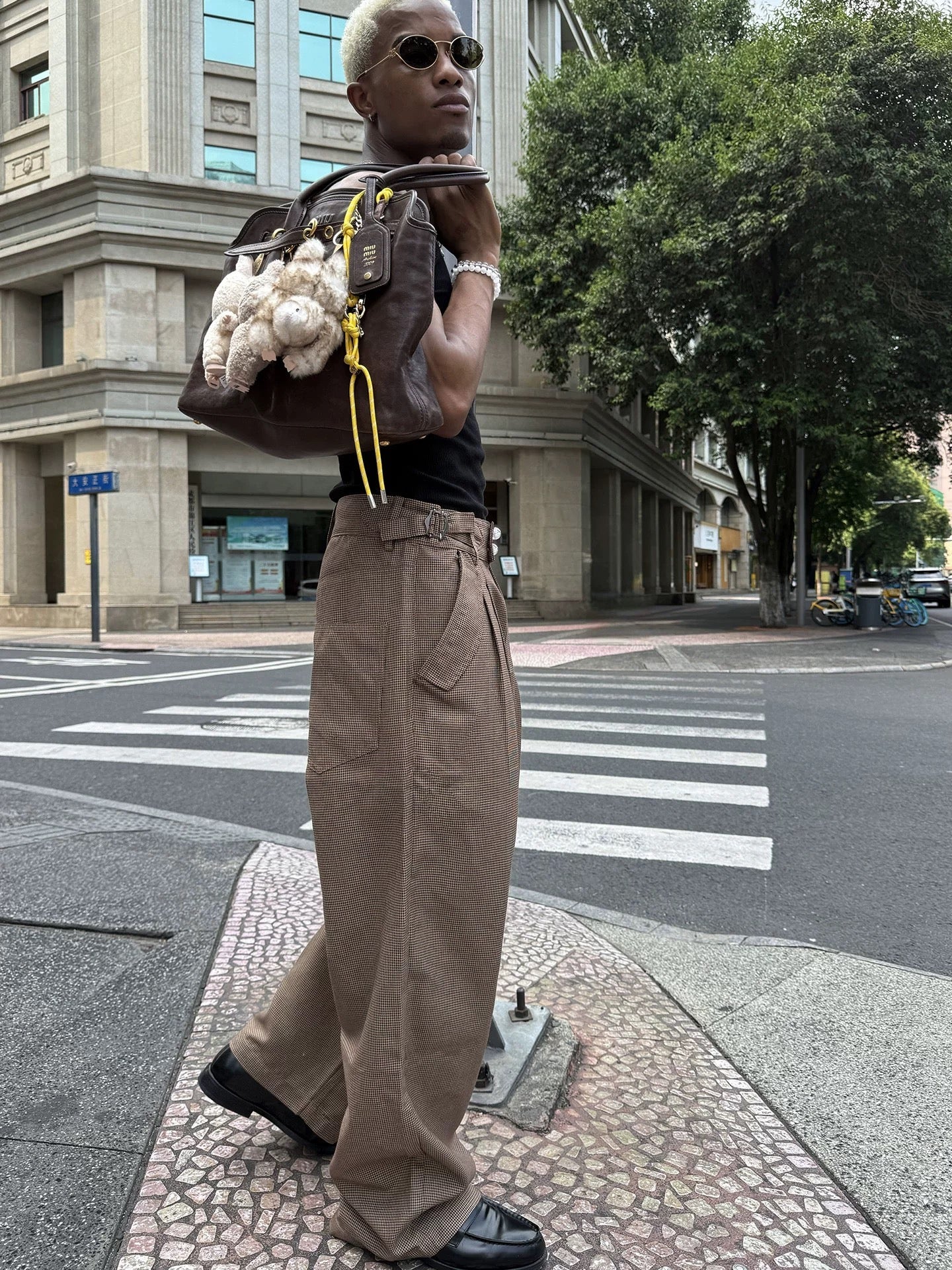 Houndstooth check 3D cut baggy western pants