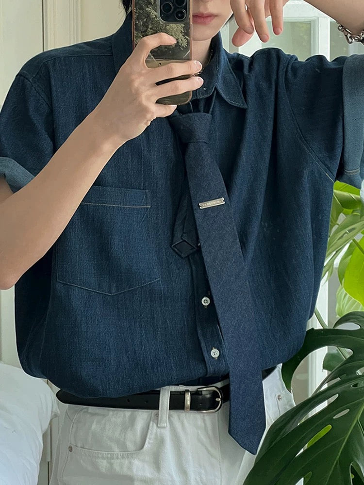 Modern Korean style denim tie short sleeve shirt