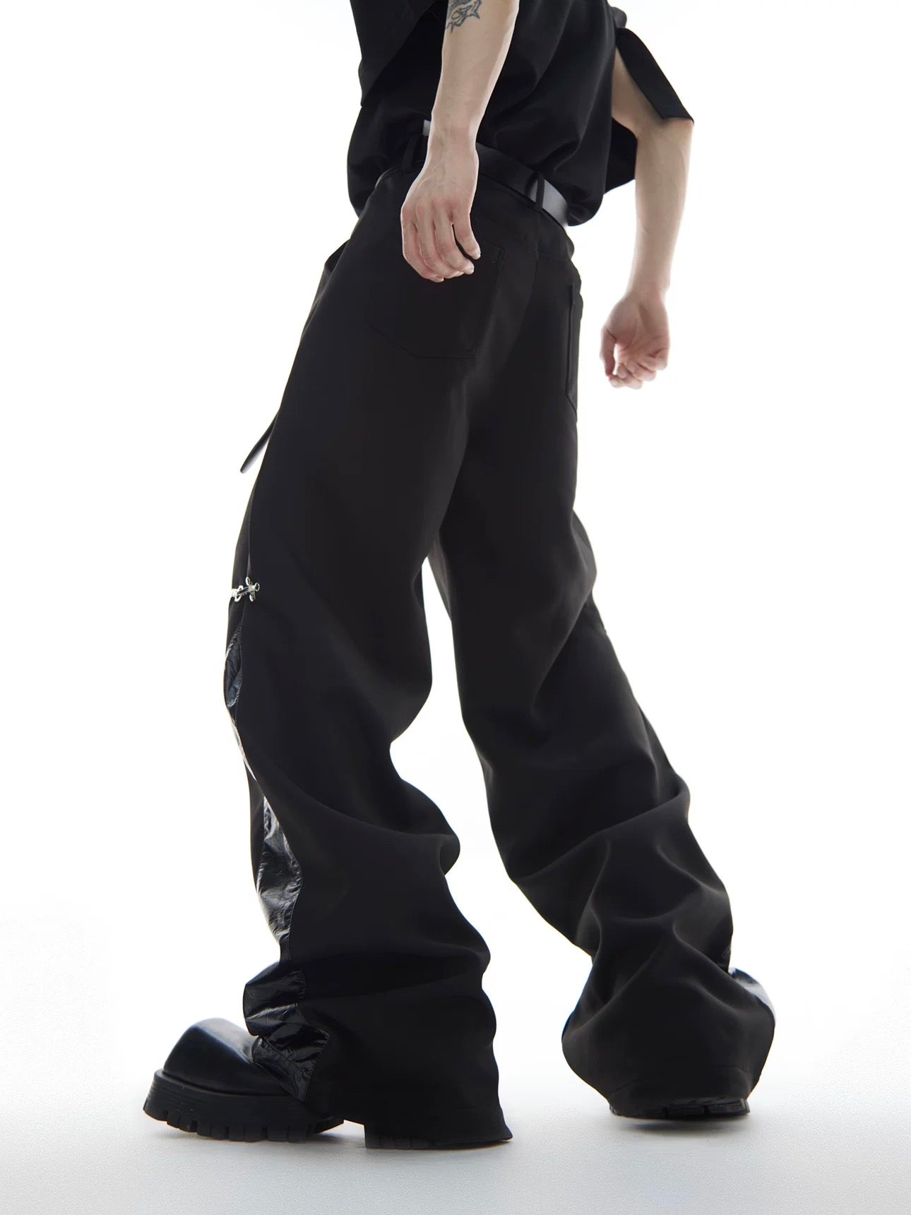 Leather stitching metal button down pants