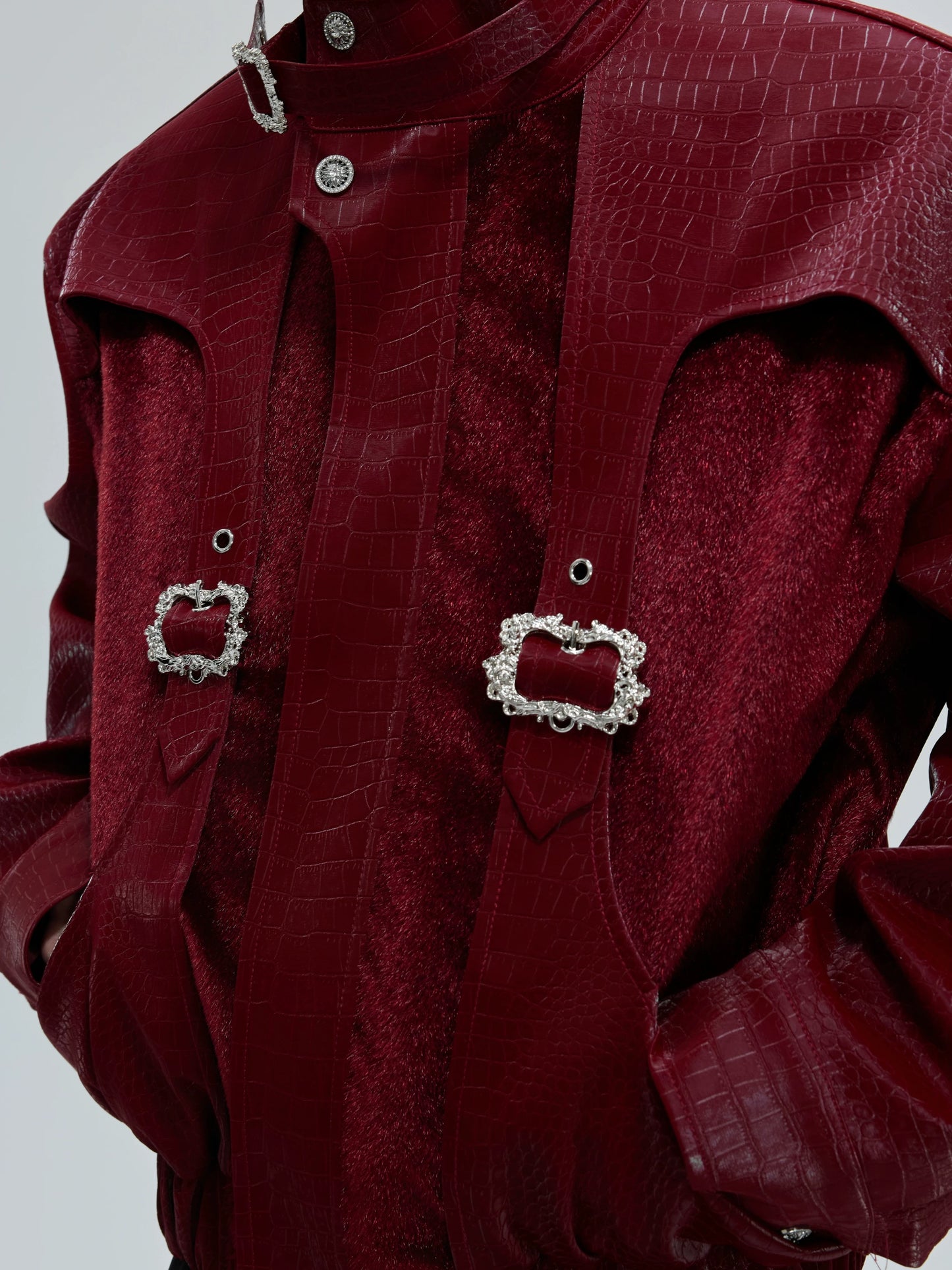 Decadent crystalline buckle rigid draping jacket