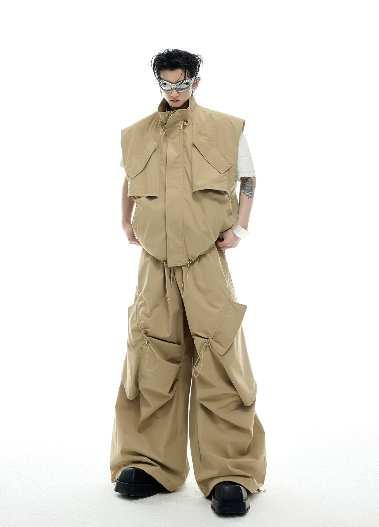 Irregular drawstring multi pocket work style setup vest