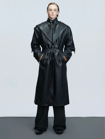 Cyber structured armored high stand collar leather coat