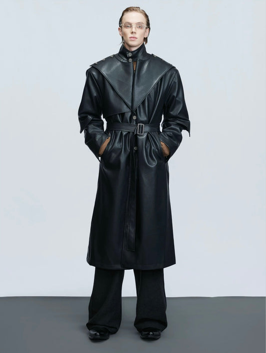 Cyber structured armored high stand collar leather coat