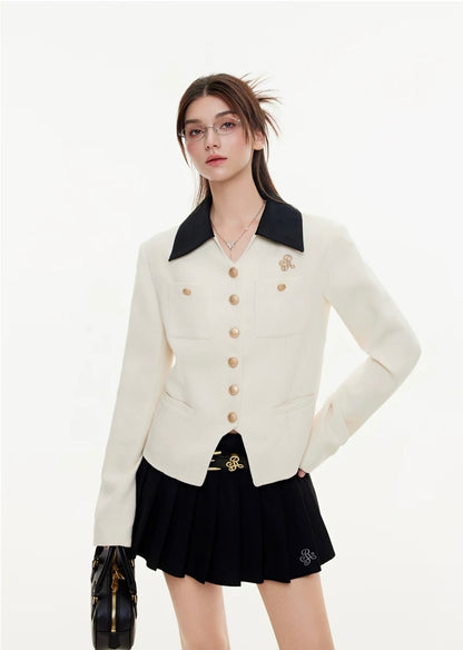 Scholarly contrast tailored gold button jacket