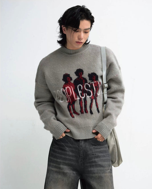 Winter lazy style print knit sweater