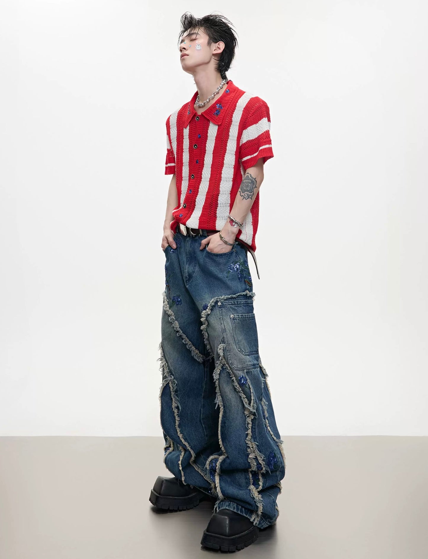 Retro knit cardigan striped collar t-shirt