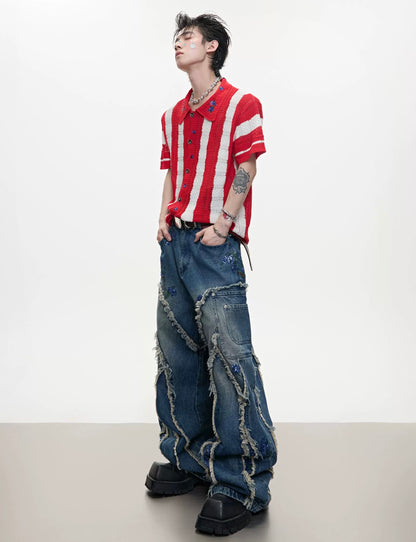 Retro knit cardigan striped collar t-shirt