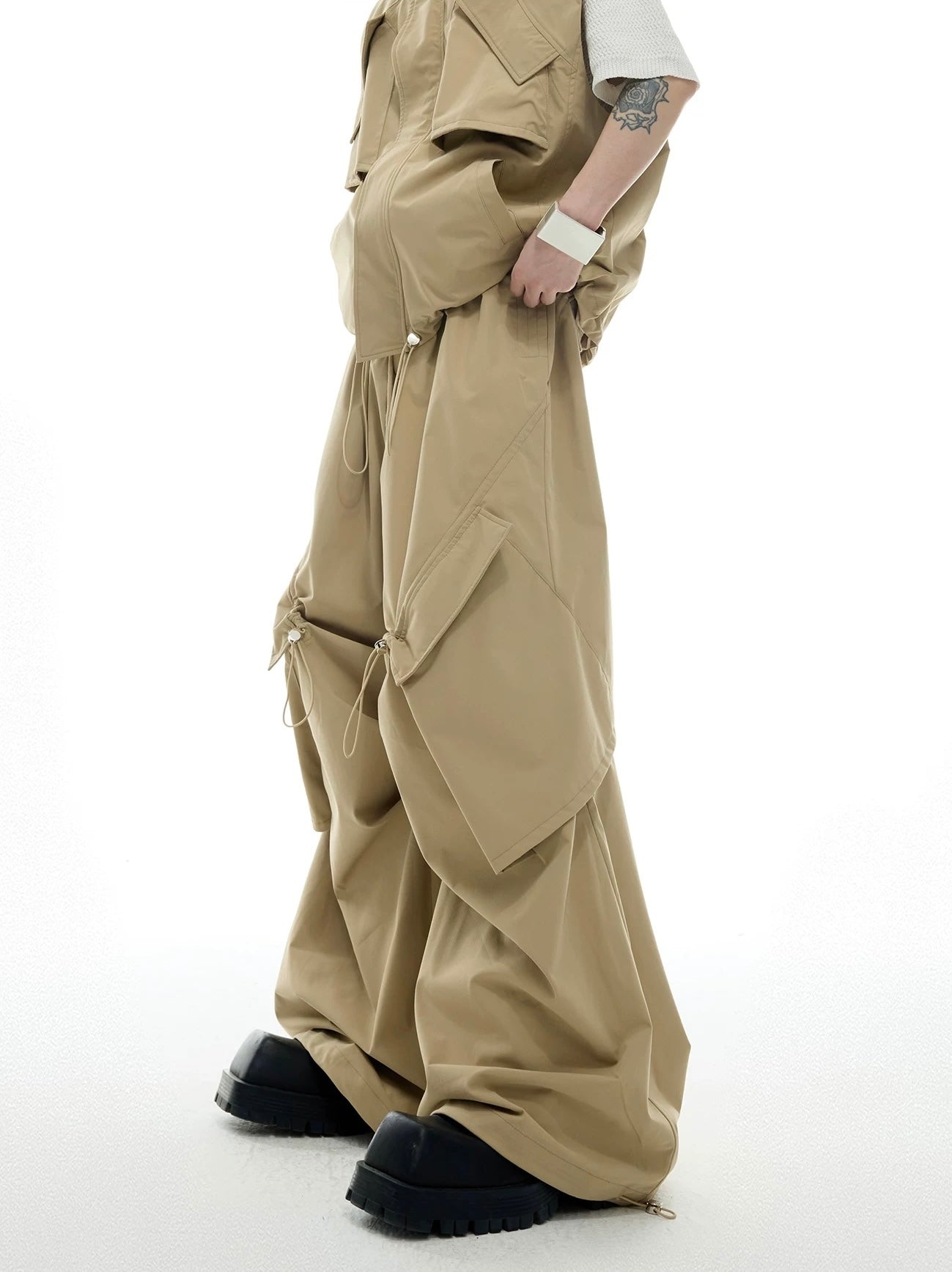 Irregular drawstring multi pocket work style setup pants