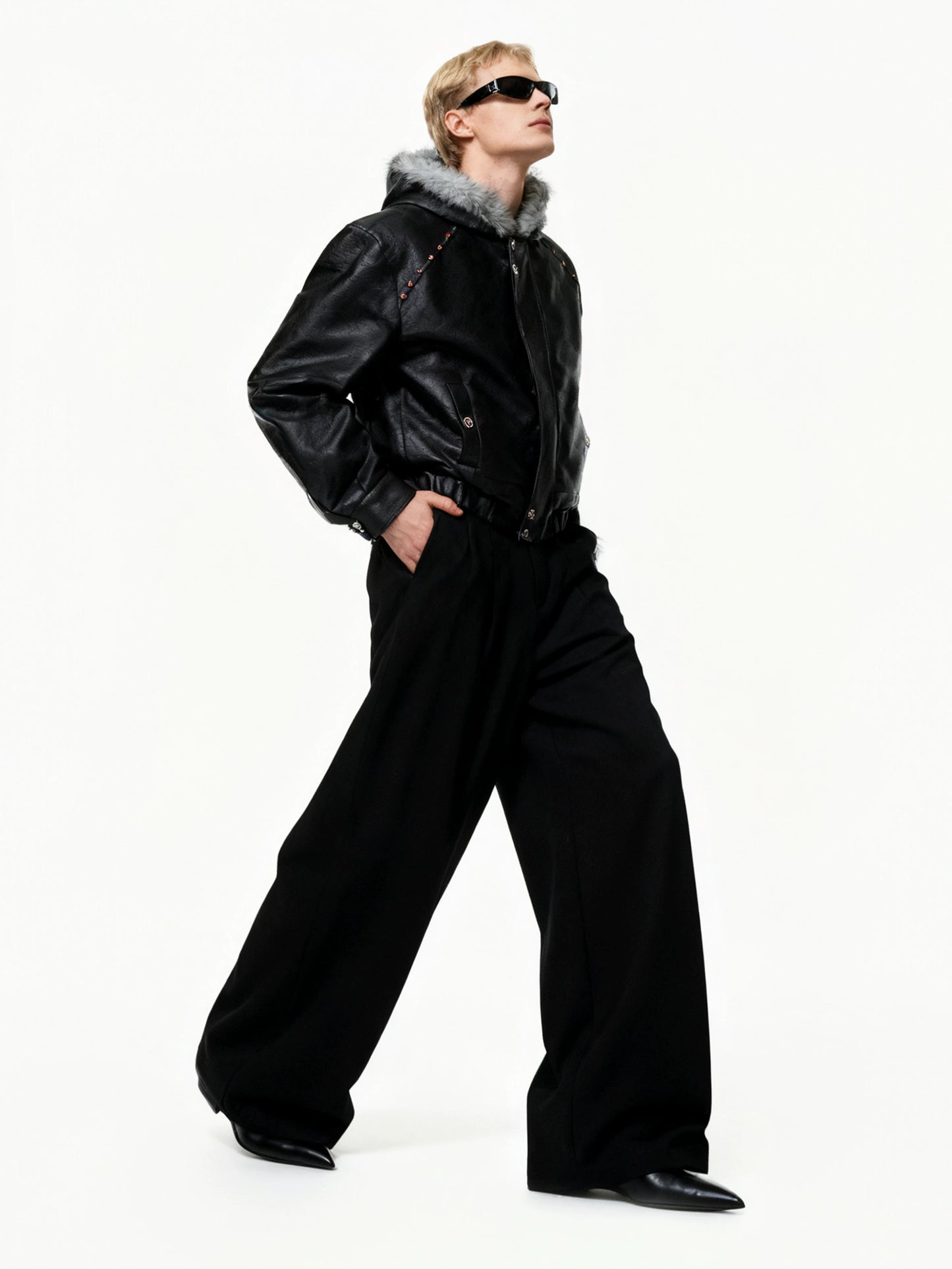 Jet black faux leather down jacket