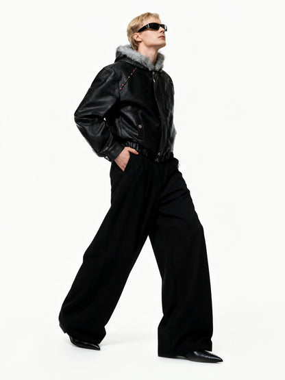 Jet black faux leather down jacket