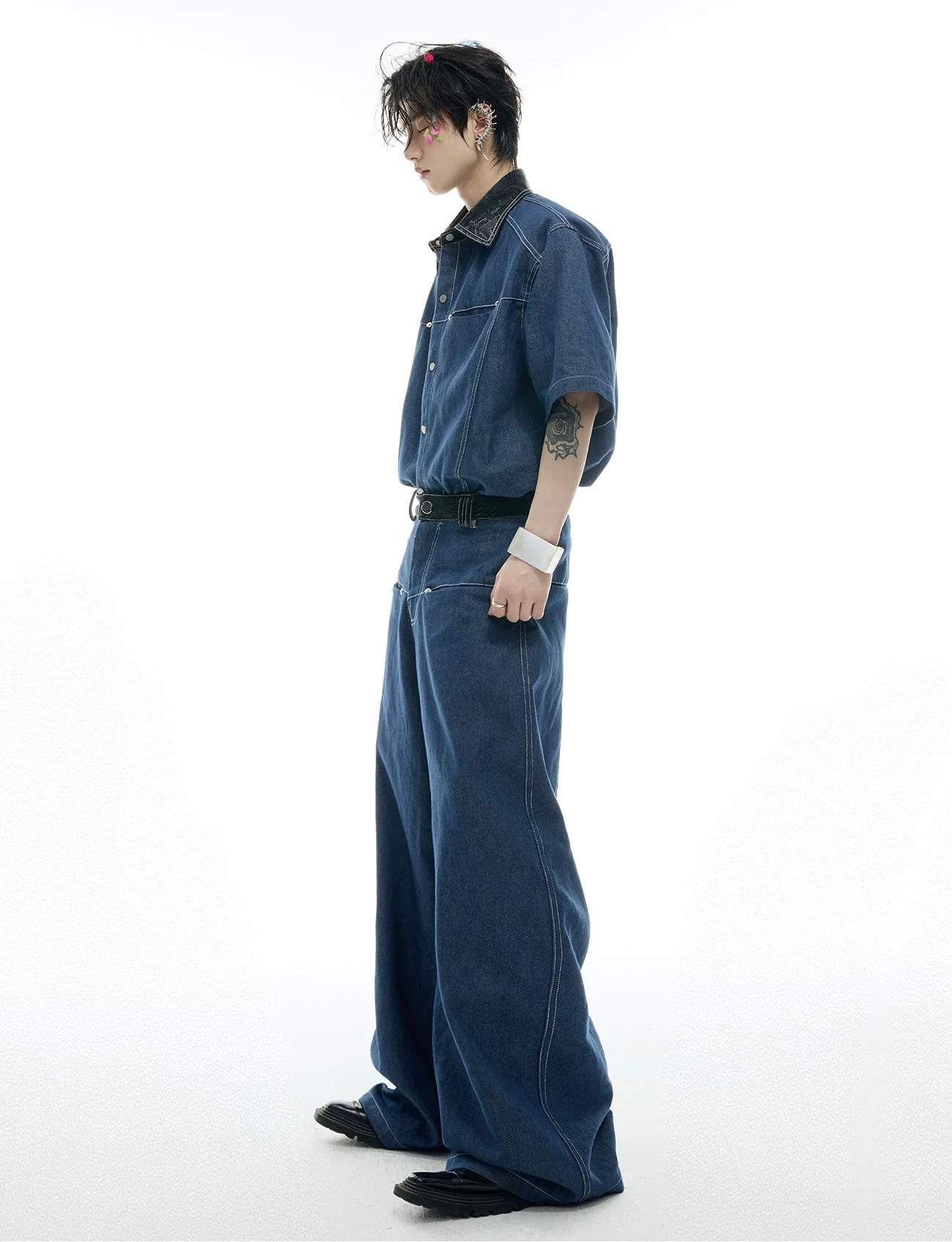 Snake pattern seamless denim setup short sleeve jacket