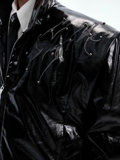 Deceptive eye spine rivet shiny leather jacket