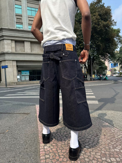 Sewn original cow washed denim short pants