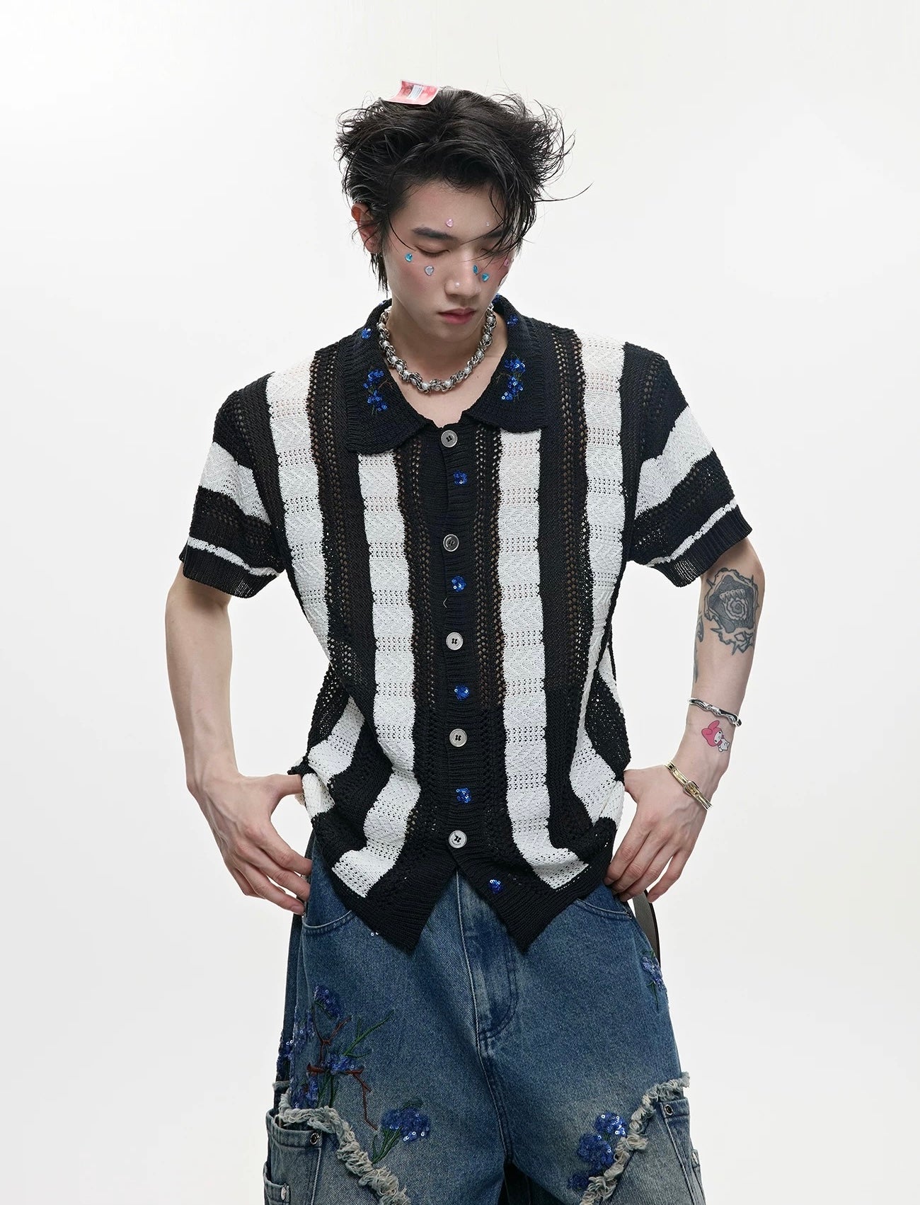 Retro knit cardigan striped collar t-shirt