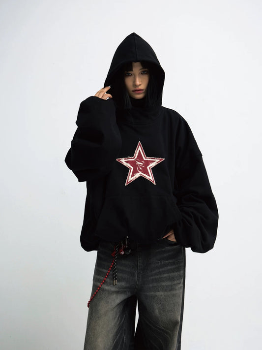 Five red star embroidered black hoodie