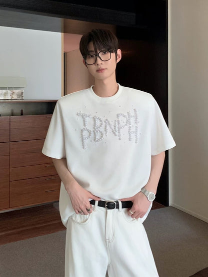 Trendy pearl letter vogue short sleeve t-shirt