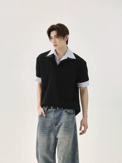 Stitching striped versatile polo shirt
