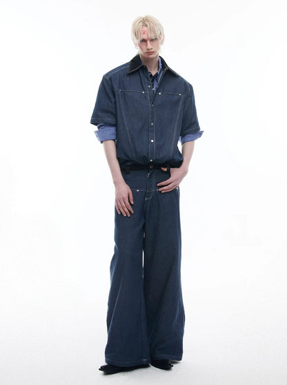 Snake pattern seamless denim setup short sleeve jacket