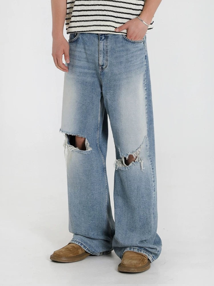 Edge destroy ripped detailing denim pants