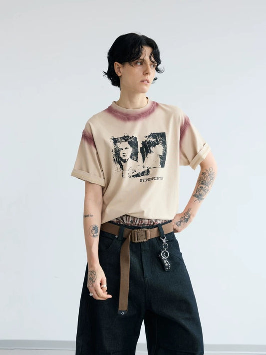 Hand printed color colluted splice t-shirt