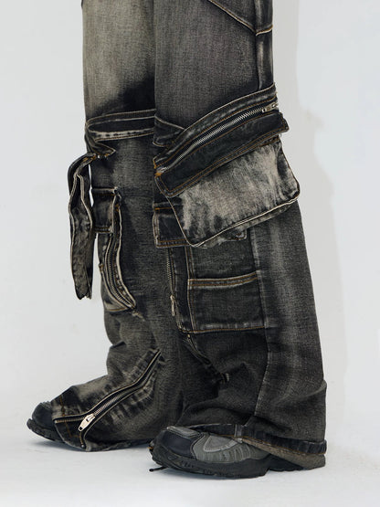 Spiny structure thorn zippered pockets denim pants