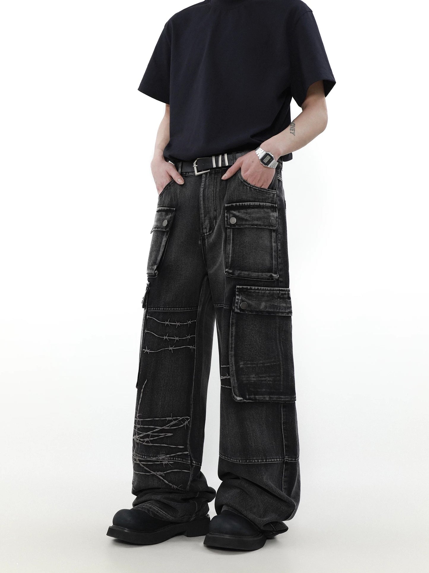 Multi pocket wide denim pants