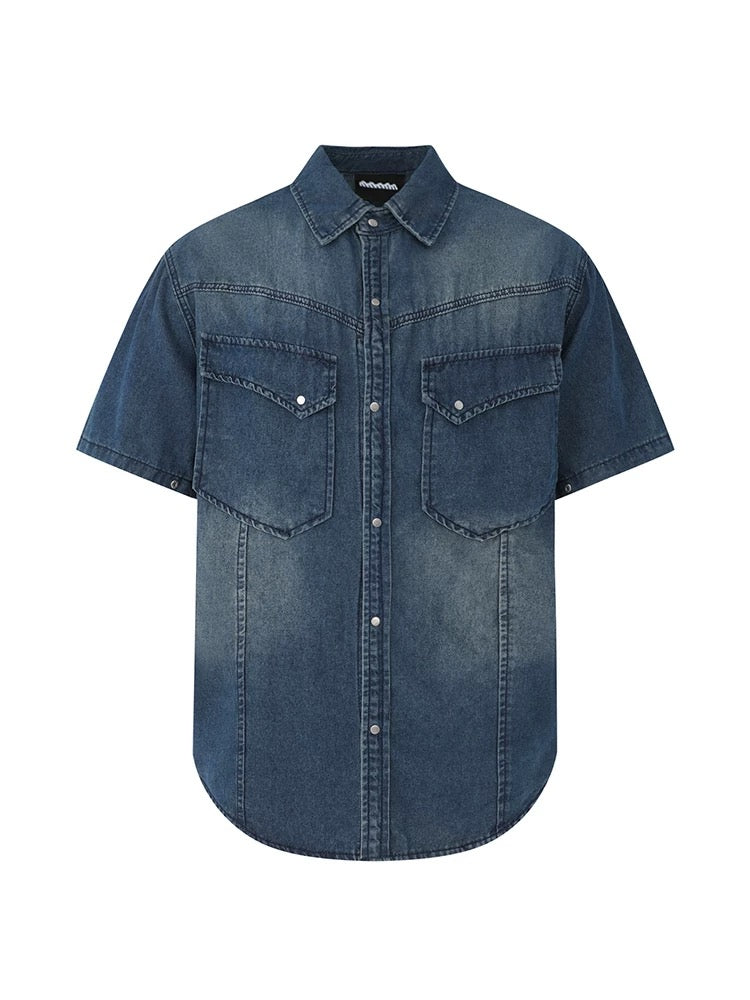 Urban vintage washed denim short sleeve shirt