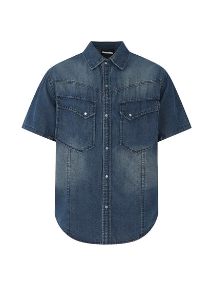 Urban vintage washed denim short sleeve shirt