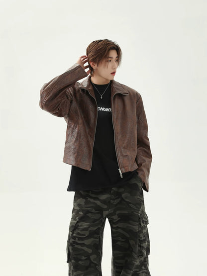 Crack short fake leather jacket