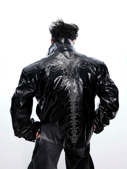 Deceptive eye spine rivet shiny leather jacket
