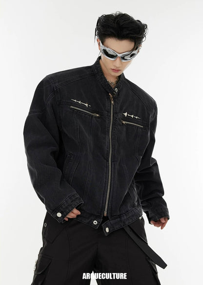 Vintage metallic logo short denim jacket