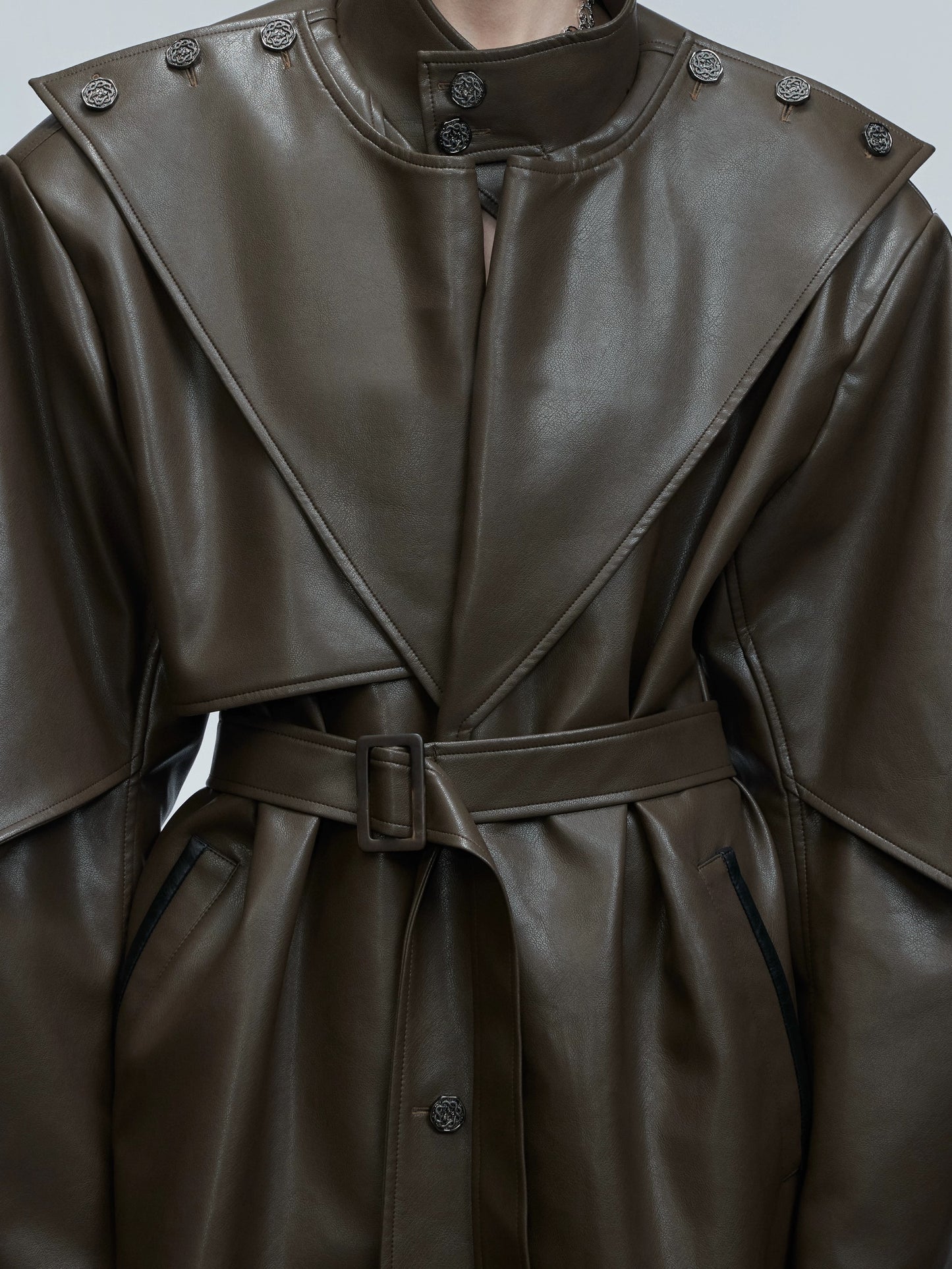 Cyber structured armored high stand collar leather coat