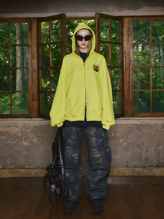 British decrypted sparkling fluorescent yellow zip hoodie