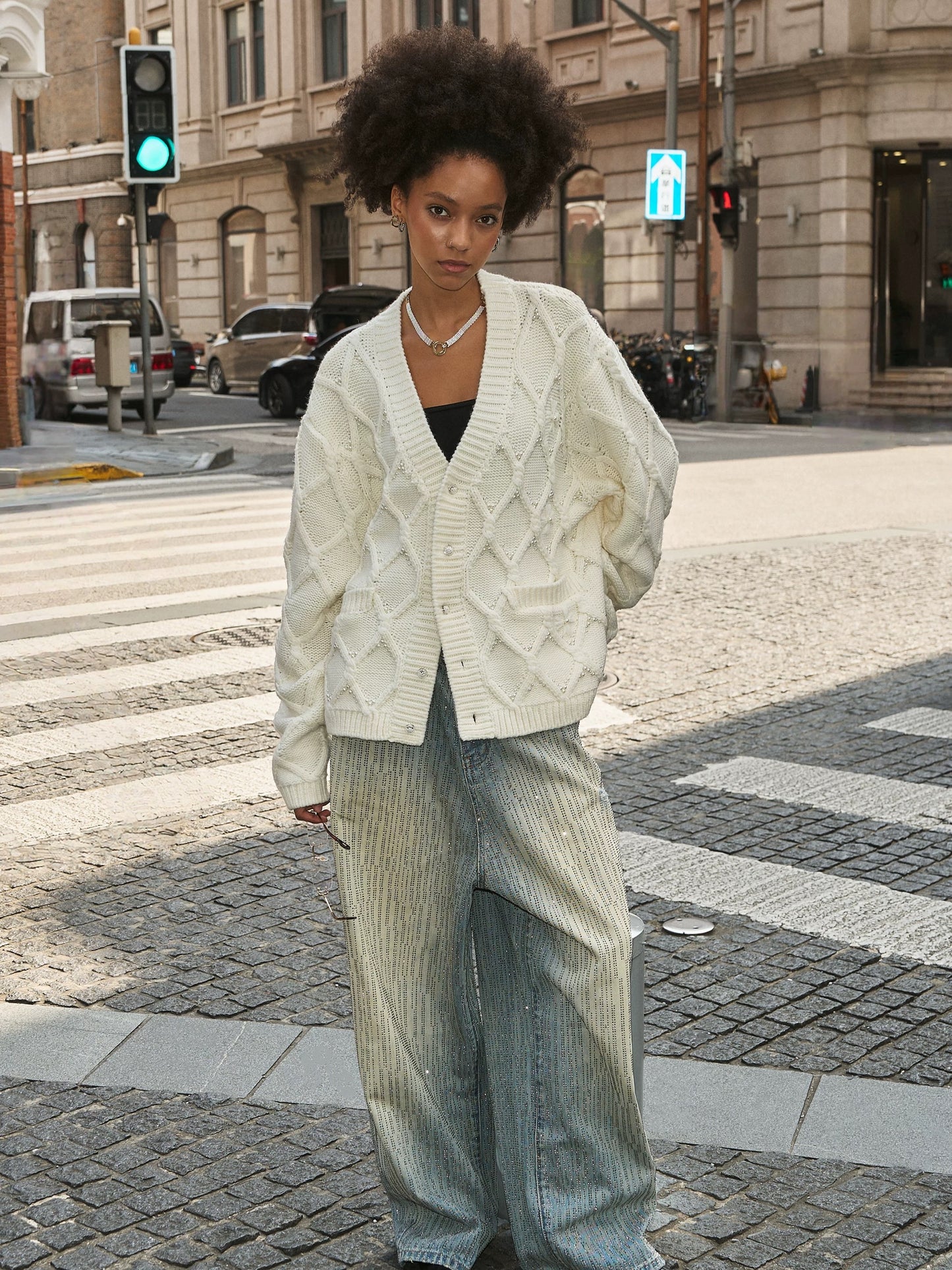 Pearl beach wool blend loose knit cardigan