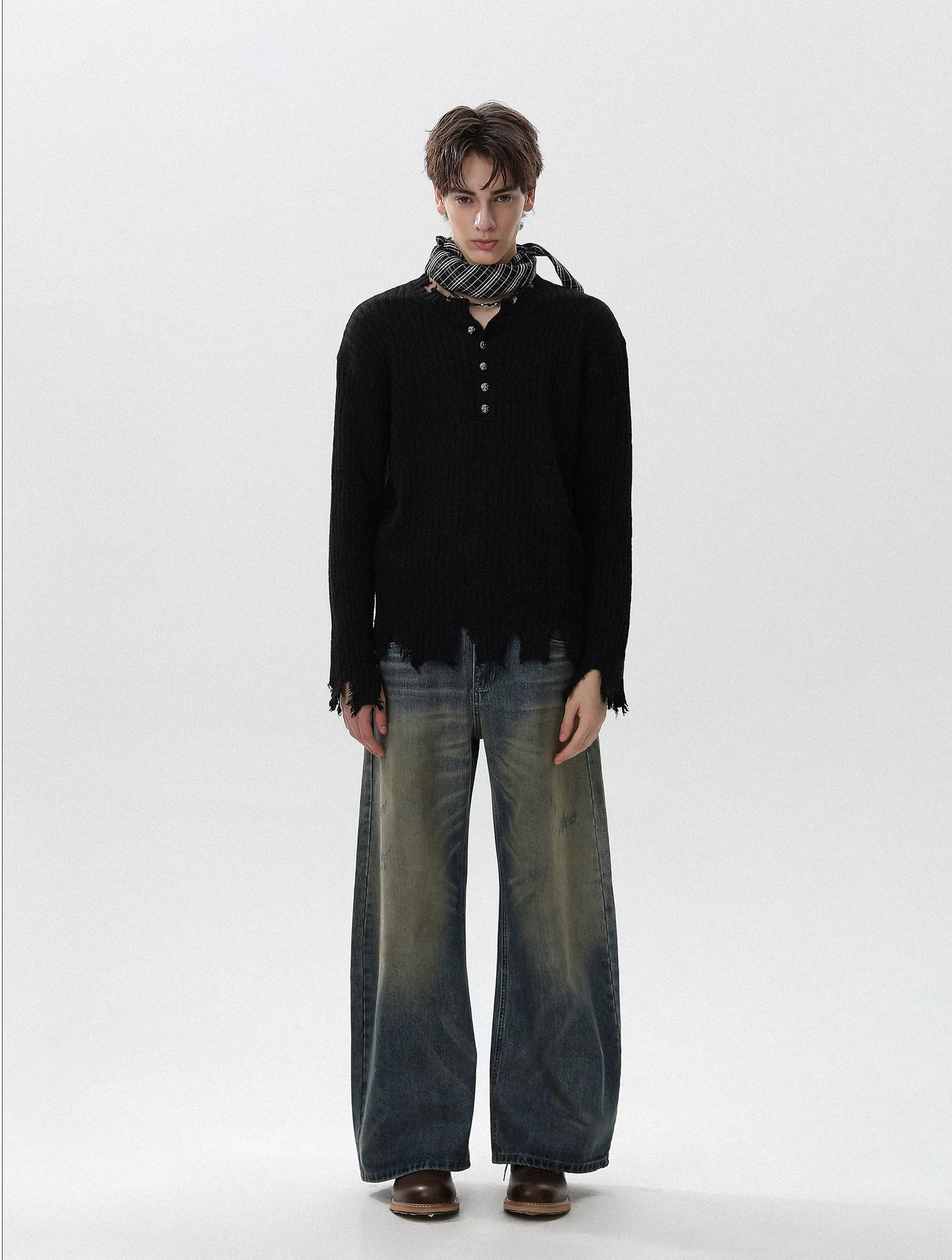 Ruined texture nocturne distressed henley knit