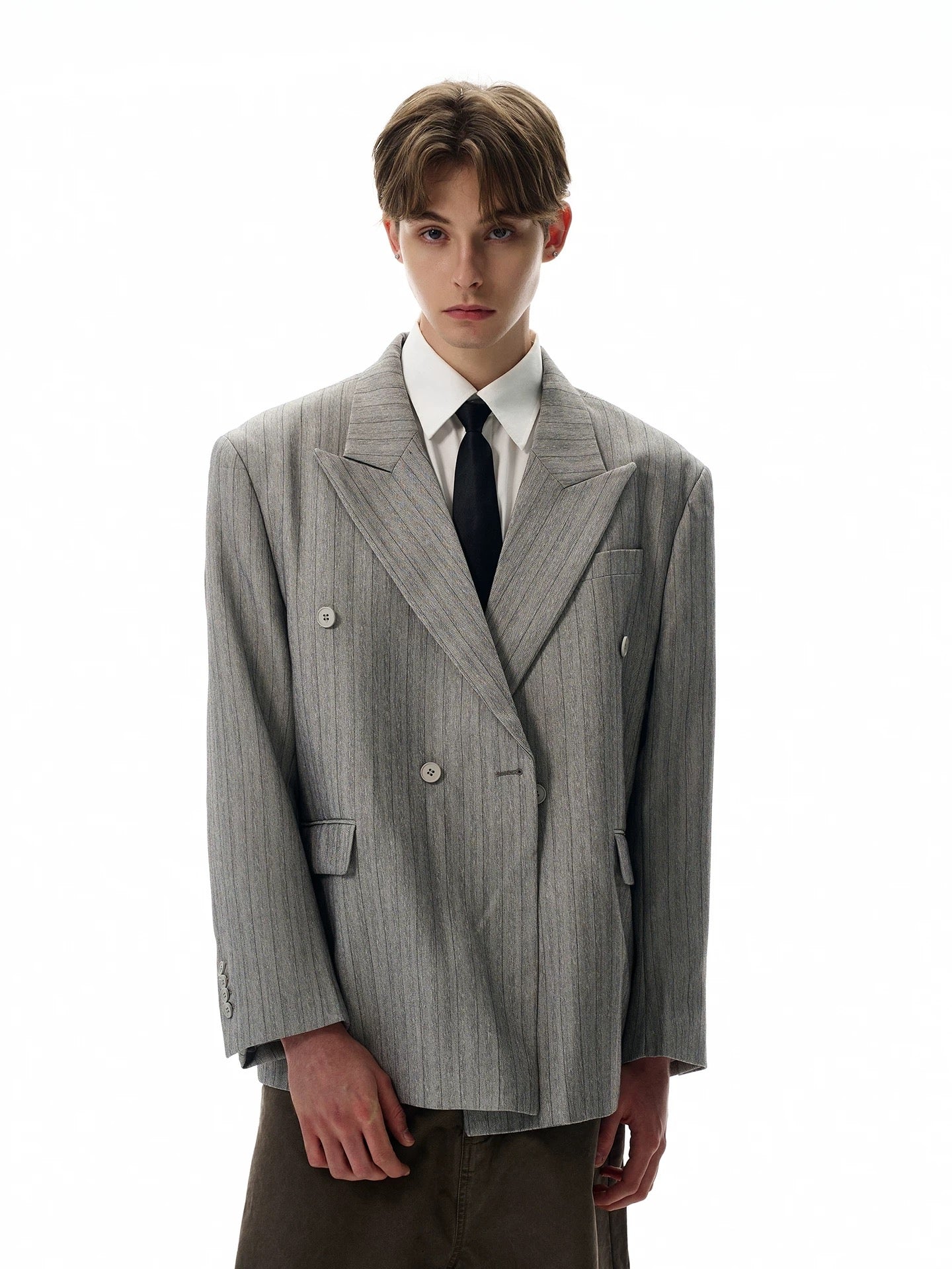 Grey pinstripe double breasted blazer