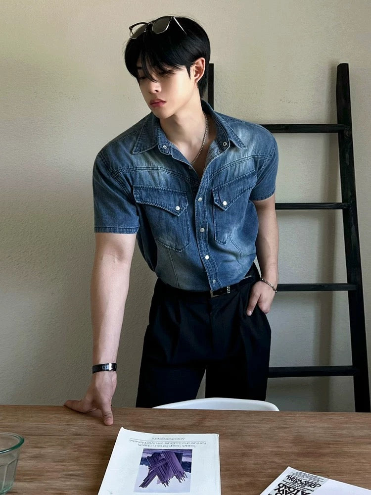 Urban vintage washed denim short sleeve shirt