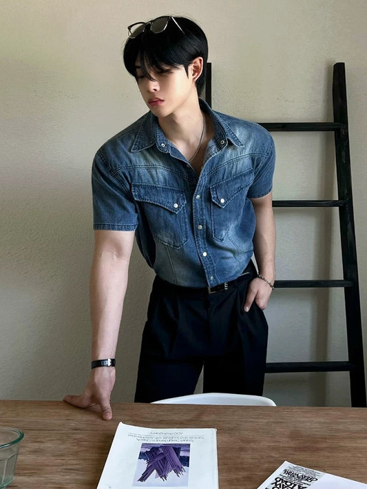 Urban vintage washed denim short sleeve shirt